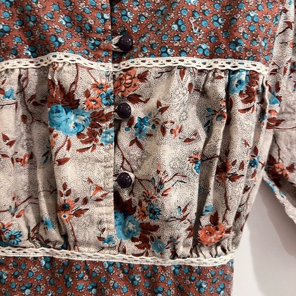 Vintage Prairie Floral Maxi Dress - Puff Sleeve Cottagecore Boho Size M Brown - Picture 3 of 8